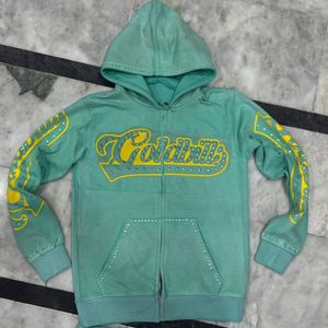 Sudadera con capucha y cremallera verde menta personalizada con pedrería, estampado gráfico y adornos, estilo streetwear, al por mayor - Product Image 1