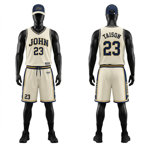 Ensemble short et maillot de basket pour homme, tissu polyester haute qualité 180 GSM, beige et or avec empiècements contrastants, coupe athlétique, personnalisable par sublimation - Product Image 2