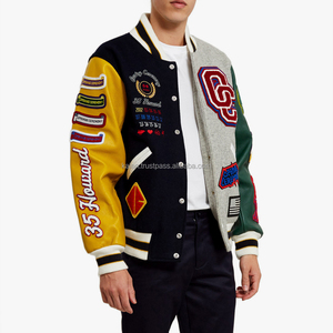 Veste universitaire dorée décontractée pour homme KVJ124 manches en cuir de laine multicolore patchs en chenille brodés boutons couverts sans col - Product Image 1