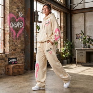 Conjunto Deportivo de Dos Piezas para Mujer, Sudadera con Capucha y Estampado de Corazón en Crema, Pantalones Anchos con Estampado Rosa, Ropa Urbana - Product Image 6