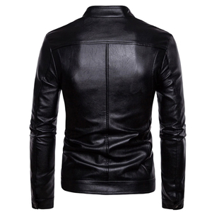 Chaqueta de Cuero para Hombre, Cuello Alto, Cierre de Cremallera, Corte Ajustado, Estilo Motero, Color Sólido, Manga Regular, Otoño - Product Image 2
