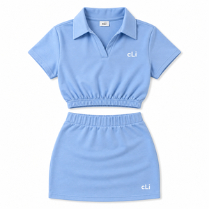 Factory Wholesale Blue Cropped Polo <b>Top</b> Mini Skirt Set Custom Logo Women's Tracksuit 100% Cotton French Terry <b>Preppy</b> Athleisure - Product Image 4