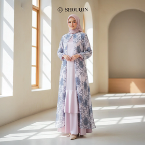 Vestido Gamis Musulmán para Mujer Shouqin Hameeda, Satén y Seda, Elegante Estampado Floral, Conjunto Interior y Exterior, Abaya Modesta - Product Image 3