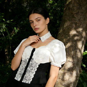 Offre spéciale sur Temu : Blouse élégante noire et blanche à patchwork de dentelle pour femme, manches bouffantes, col carré, coupe ajustée, style streetwear décontracté - Product Image 4