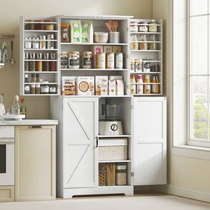 72\" Tall White Farmhouse <b>Kitchen</b> Pantry Cabinet 4 Barn Doors & 8 Door <b>Shelves</b> 4 Adjustable Wood & Aluminum <b>Shelves</b> - Product Image 2