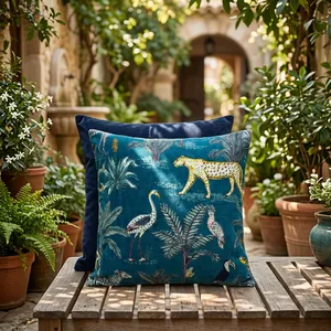 Teal <b>Blue</b> Cotton Velvet Pillow home text Cover with Leopard Birds and Forest Print Luxury Decorative <b>Throw</b> Cushion Cover - Product Image 3