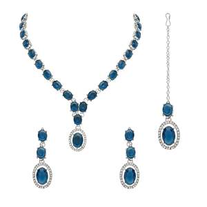Conjunto de joyería fina para mujer con estilo-Collar de diamantes de cristal plateado Pendientes Maang Tikka IJ397ZMO Diseño - Product Image 6