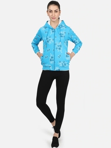 Sudadera con Capucha Azul con Estampado Floral para Mujer, Sudadera de Punto con Cierre de Cremallera y Manga Larga, Estilo Otoñal, Corte Regular, Transpirable - Product Image 1