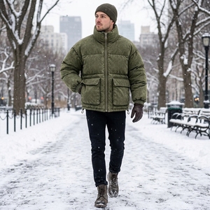 <b>Mens</b> Olive <b>Green</b> Acid Wash Puffer <b>Jacket</b> Quilted Warm Zip Up High Collar Multi Pocket Winter Outerwear - Product Image 3