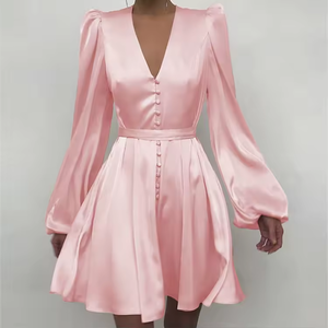 Robe Courte en Satin Col V Profond Manches Bouffantes Coupe Évasée Élégante pour Femme – Robe Décontractée Printemps Respirante Couleur Unie - Product Image 5