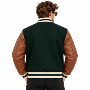 Chaqueta Varsity para Hombre en Verde y Marrón con Mangas de Cuero, Botones a Presión, Estilo Béisbol, Clásica Universitaria - Product Image 2