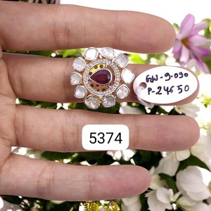 แหวนพลอยทับทิมสไตล์วินเทจและเพชรโพลกี้ เงินแท้ 925 งานแฮนด์เมด เครื่องประดับชั้นดี แหวนสำหรับงานปาร์ตี้สไตล์เรโทร ขายส่ง - Product Image 1