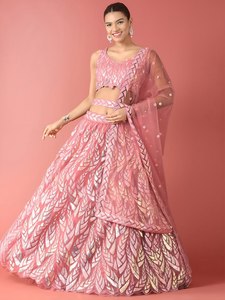 Pink Sequin <b>Net</b> Lehenga Choli Set Dupatta Floral Embroidered Wedding Reception Outfit Women - Product Image 1