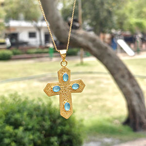Luxury style oval cut sky blue chalcedony religious jewelry necklace brass gold plated filigree design <b>cross</b> pendant necklace - Product Image 5