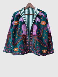 Blazer en velours brodé à la main motif pieuvre, manches longues, col rabattu, pour adulte, collection automne, veste à motif animalier - Product Image 1