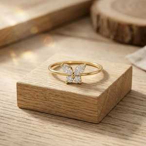 Marquise And Round Lab Grown Diamond Butterfly Wedding Band 10K 14K 18K Solid Gold Stacking Ring For Women Bridal Jewelry - Product Image 4