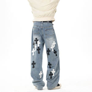 Wide Leg Denim Jeans With Black And <b>White</b> Cross Appliques Mid Waist Loose Fit Streetwear Style Stonewashed Cotton Pants Autumn - Product Image 4