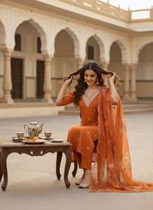 Ensemble indien pakistanais à fleurs vertes, kurta brodé en rayonne, dupatta, tenue traditionnelle, robe décontractée, matériaux recyclés, toutes saisons - Product Image 4