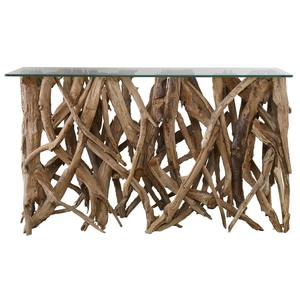 Mesa de Centro Rectangular de Vidrio con Base de Raíz de Teca, Estilo Rústico Moderno, Pieza Decorativa para Sala de Estar - Product Image 1