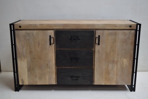 Meuble de rangement de bureau vintage industriel, double porte en bois, trois tiroirs, base modulaire en fer, armoires de classement, salon - Product Image 2