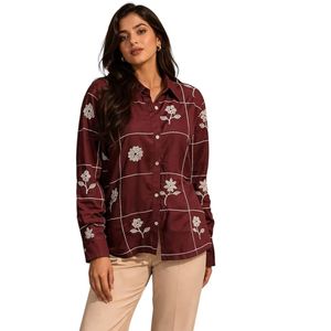 Chemise brodée en viscose rayonne marron pour femme, broderie florale, chemise boutonnée décontractée pour femme - Product Image 1