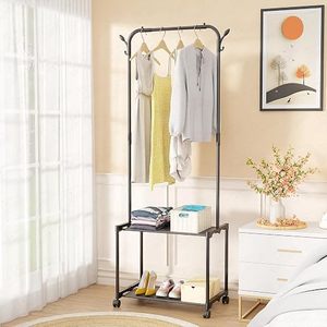 Minimalist Metal Clothing <b>Rack</b> with Wheels Double Tier Storage Stand for Wardrobe Use - Product Image 1