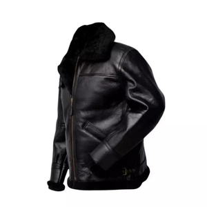 Blouson aviateur en cuir véritable pour homme REAC READY INDUSTRY, col rabattu, doublure en fausse fourrure, fermeture éclair, respirant, coupe-vent - Product Image 5