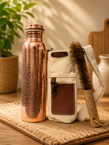 Antique Hammered Oriental Design Eco-friendly Water Bottle with Copper Lid Portable <b>Outdoor</b> Drinkware Cleaning <b>Brush</b> Included - Product Image 5