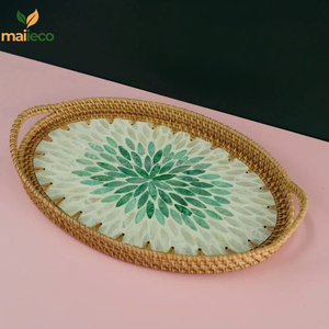 Bandeja de laca de concha de ratán ovalada tejida a mano moderna para el hogar, cocina, fruta, té, almacenamiento de aperitivos, exhibición de perlas madre - Product Image 1
