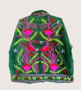 Abrigo Abierto Bohemio de Talla Grande con Bordado Floral Suzani en Terciopelo Verde, Manga Larga, Cuello Redondo, Ecológico, Informal para Mujer - Product Image 3