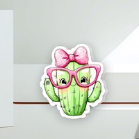 Support magnétique personnalisé en acrylique pour extensions de cils, motif cactus rose avec lunettes roses et nœud, forme rectangulaire, écologique
