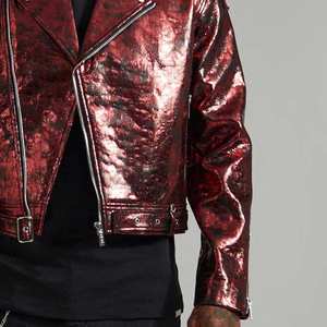 URBANGAZER Men's 100% Polyester Thick Cotton-Filled Leather Jacket Stand Collar <b>Covered</b> <b>Button</b> Patchwork Design Windproof - Product Image 5