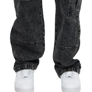 Jean cargo en denim noir délavé pour homme, coupe droite décontractée, multi-poches, style utilitaire, streetwear vintage, décontracté, 100% coton, boutonné - Product Image 5