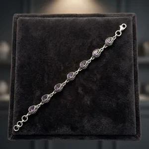 Vintage 925 Silver Amethyst Bracelet Water Drop Bezel Setting <b>Chain</b> Link Women's Everyday Wear Jewelry - Product Image 5