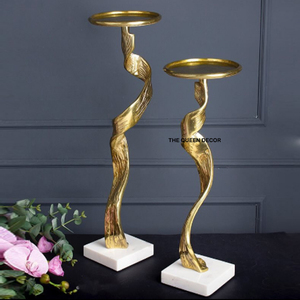 Abstract Modern Aluminum Metal With Marble Base <b>Gold</b> Plated Sets Of 2 Candle Holders <b>Lanterns</b> and Candle - Product Image 1