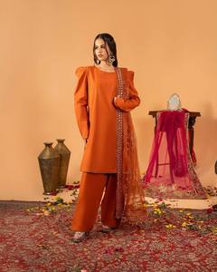 Traditional Indian Pakistani <b>Women's</b> Orange Silk <b>Kurta</b> Set With Embroidered Dupatta Loose Fit Floor-Length Wedding Wear - Product Image 5