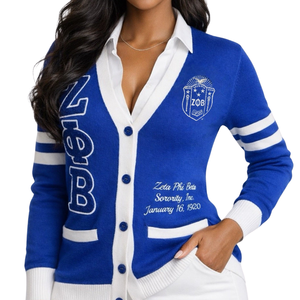 Cardigan en chenille bleu Zeta Phi Beta pour femme, pull décontracté à boutons avec lettres grecques, style sororité, en maille - Product Image 6
