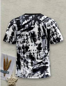Men s Black White Abstract Print Short Sleeve T-Shirt O-Neck Slim Fit Casual Knitted Breathable Design Soft Fabric T Shirt <b>Light</b> - Product Image 5