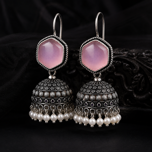 OEM ODM Oxidized <b>Silver</b> Pink Stone Jhumka <b>Earrings</b> Indian Ethnic Jewelry Manufacturer Exporter - Product Image 3