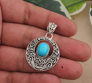 Colgante de Turquesa Natural Vintage, Plata de Ley 925, Chapado en Platino, Collar con Piedra Preciosa Azul, Joyería Fina Unisex, Regalo Hecho a Mano - Product Image 1