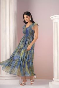 Robe midi en mousseline imprimée bleu-vert, col carré, volants, coupe trapèze, style bohème, ample, décontractée, pour femme, avec magnifique imprimé - Product Image 4
