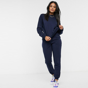 Ensemble de survêtement 2 en 1 pour femmes, bleu marine, col rond, manches longues, couleur unie, coupe régulière, sweat-shirt décontracté, pantalon avec poches latérales, séchage rapide - Product Image 2