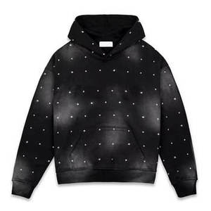 Sweat à capuche personnalisé épais 400 g/m² avec strass, style streetwear vintage délavé, noir délavé à l'acide, coupe oversize - Product Image 1