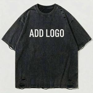 เสื้อยืดโอเวอร์ไซส์สไตล์วินเทจขาดๆ สำหรับผู้ชาย ผ้าฝ้าย 100% ล้างสีแบบแอซิดวอช สตรีทแวร์ พร้อมรอยขาดแบบฉีกขาด เสื้อยืดสองชั้นแบบสั่งทำพิเศษ - Product Image 1