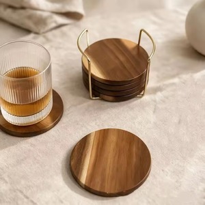 Handmade Acacia Natural Wood & <b>Epoxy</b> Resin Inlay Round Coasters Set of 6 with Gold <b>Metal</b> Holder REHMAN CRAFT - Product Image 4