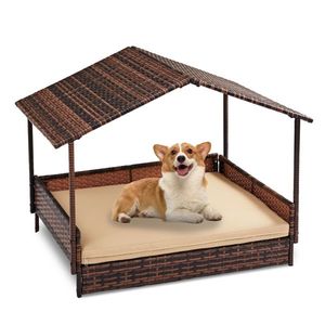 Small Medium Sized Elevated Rattan Dog House Washable Cushion Cover Indoor Outdoor Raised Pet Furniture Wicker Dog Bed Canopy - Product Image 1