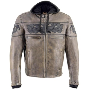 Chaqueta de Motociclista de Cuero Genuino para Hombre, con Capucha, Diseño con Calavera en Relieve, Cierre de Cremallera, Corte Regular, para Otoño - Product Image 1