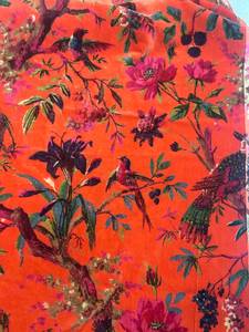 Hand Printed Coral Cotton Velvet Fabric with Colorful Bird and Floral Print for Upholstery Curtains Cushions and Home Decors - Product Image 6