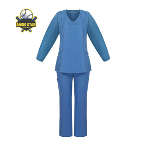 Women Hospital Scrub <b>Set</b> Green Polyester Knitted Long Sleeve V-Neck Uniform Pants with Pockets for Medical Use Customized Color - Product Image 6