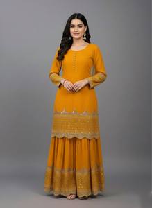 Ensemble Anarkali jaune moutarde pour femme avec broderie dorée, longueur ras du sol, style traditionnel indien pakistanais, prêt-à-porter - Product Image 4